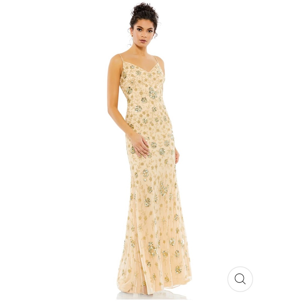 GOLD MAC DUGGAL SLEEVELESS BEADED SLIP DRESS GOWN